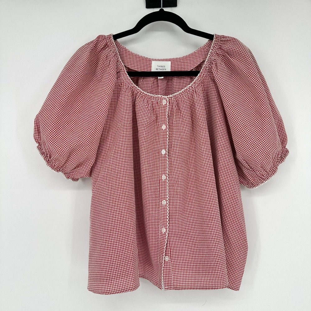 Things Between Joey Red Gingham Oversized Boxy Puff Sleeve Blouse Boho Whimsy L